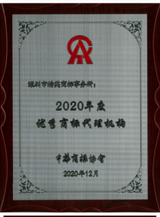 2020年，-鼎一商标所被中華商标協會評爲(for)“2020年度優秀商标代理機構”；.png